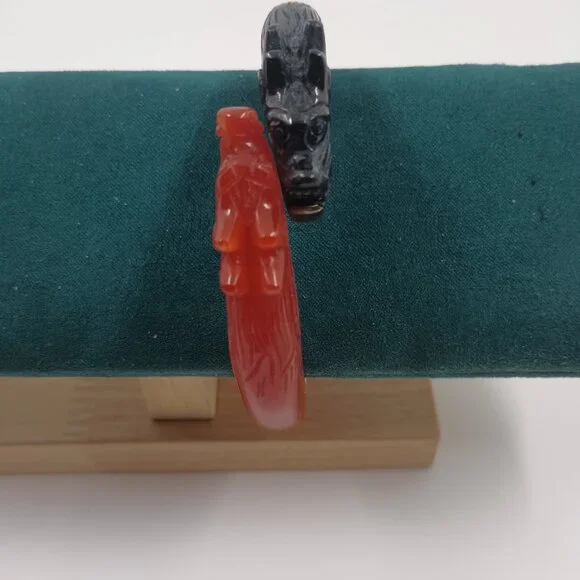 Rare Black and Red Carved Jade Dragon Sterling Silver Clamp Bracelet.